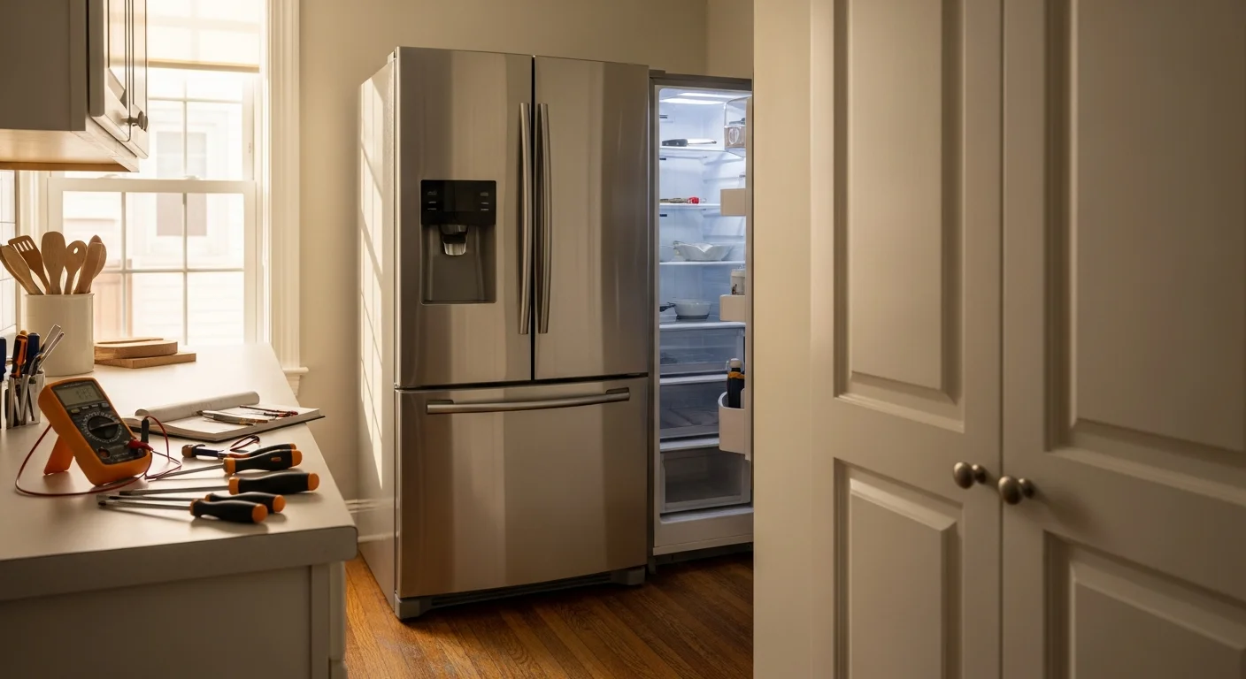 Technician repairing a refrigerator in a Northern Kentucky home kitchen