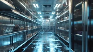 Commercial walk-in cooler interior with shelving units and glass refrigeration cases