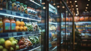 Commercial refrigeration display case with glass doors, LED lighting, and stocked shelves