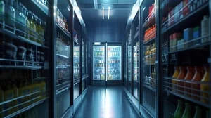 Walk-in cooler with glass-door refrigeration units, LED lighting, and stainless steel shelving