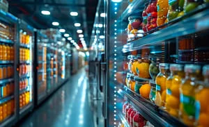 Commercial refrigerator with glass doors, LED lighting, and stocked shelves of beverages