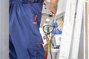 Technician servicing refrigerator compressor and electrical components with diagnostic tools