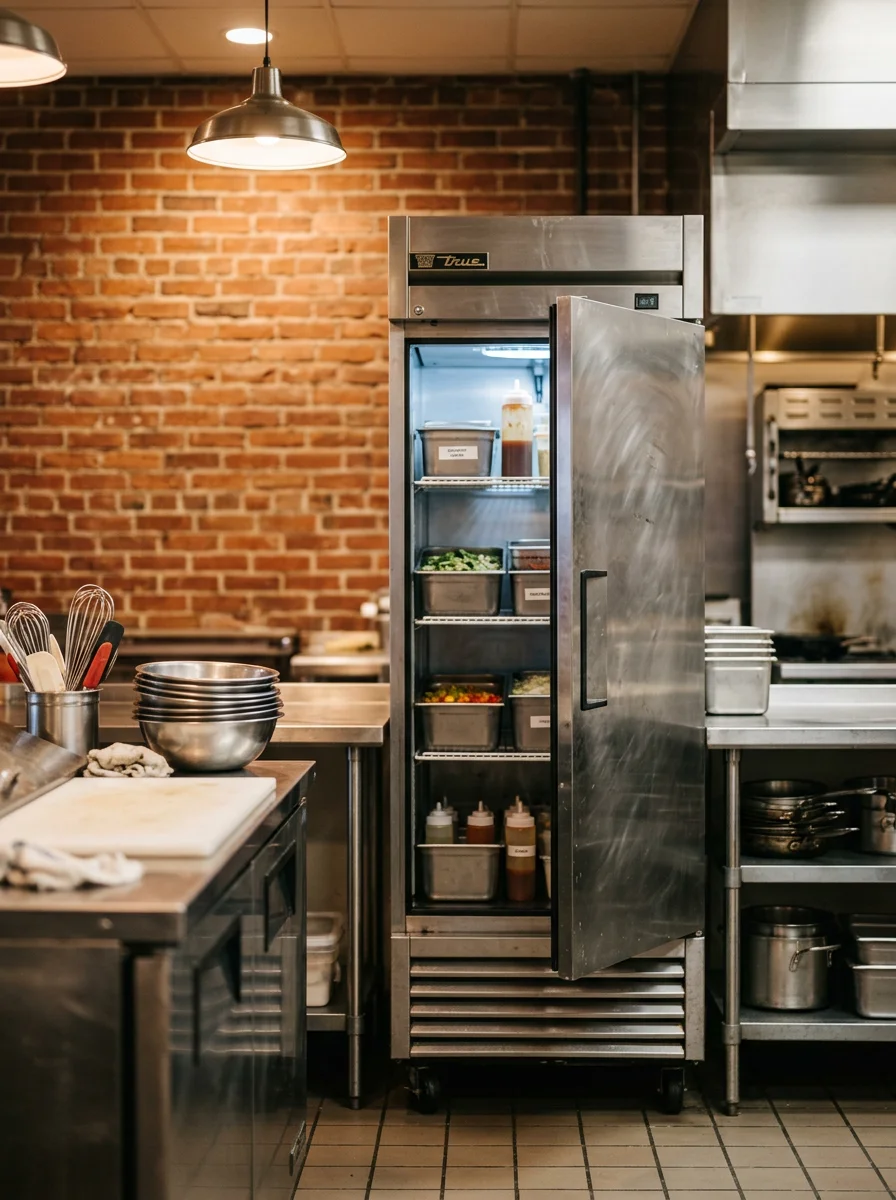 Commercial kitchen with stainless steel refrigeration equipment in Edgewood business