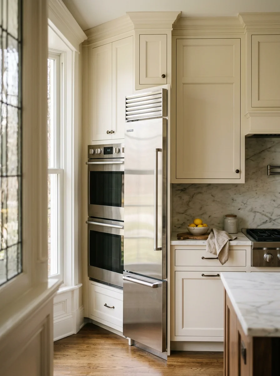 Upscale kitchen with built-in appliances and modern finishes in Indian Hill home