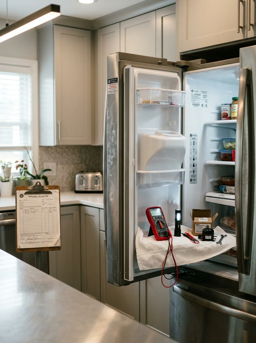 Professional appliance repair technician servicing a refrigerator in a modern kitchen