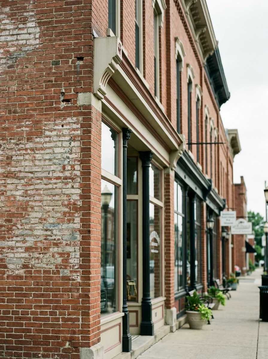 Norwood city center with restaurants, small businesses, and historic architecture