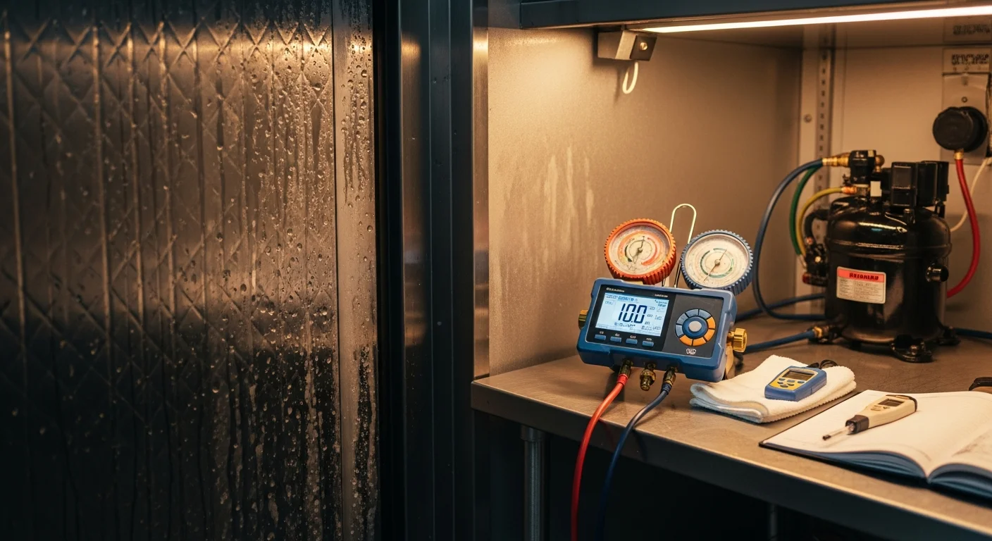 A commercial refrigeration technician inspecting the condenser coils on a walk-in cooler inside a Cincinnati restaurant kitchen. The unit door is open and the technician is checking internal components during a scheduled maintenance visit.