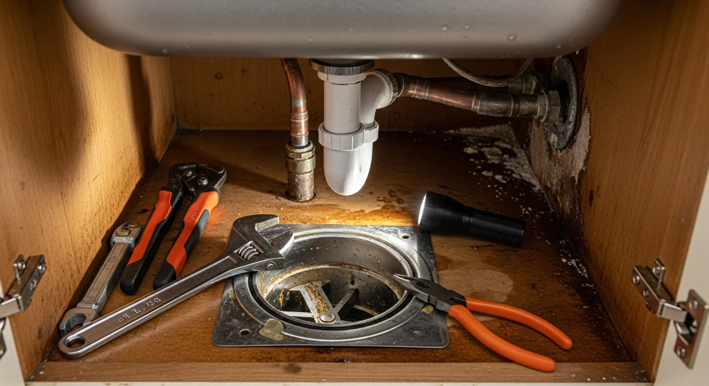 A technician inspecting the underside of a kitchen sink garbage disposal unit during a repair visit in a Cincinnati home. The cabinet doors are open and the disposal mounting assembly and drain connections are visible.
